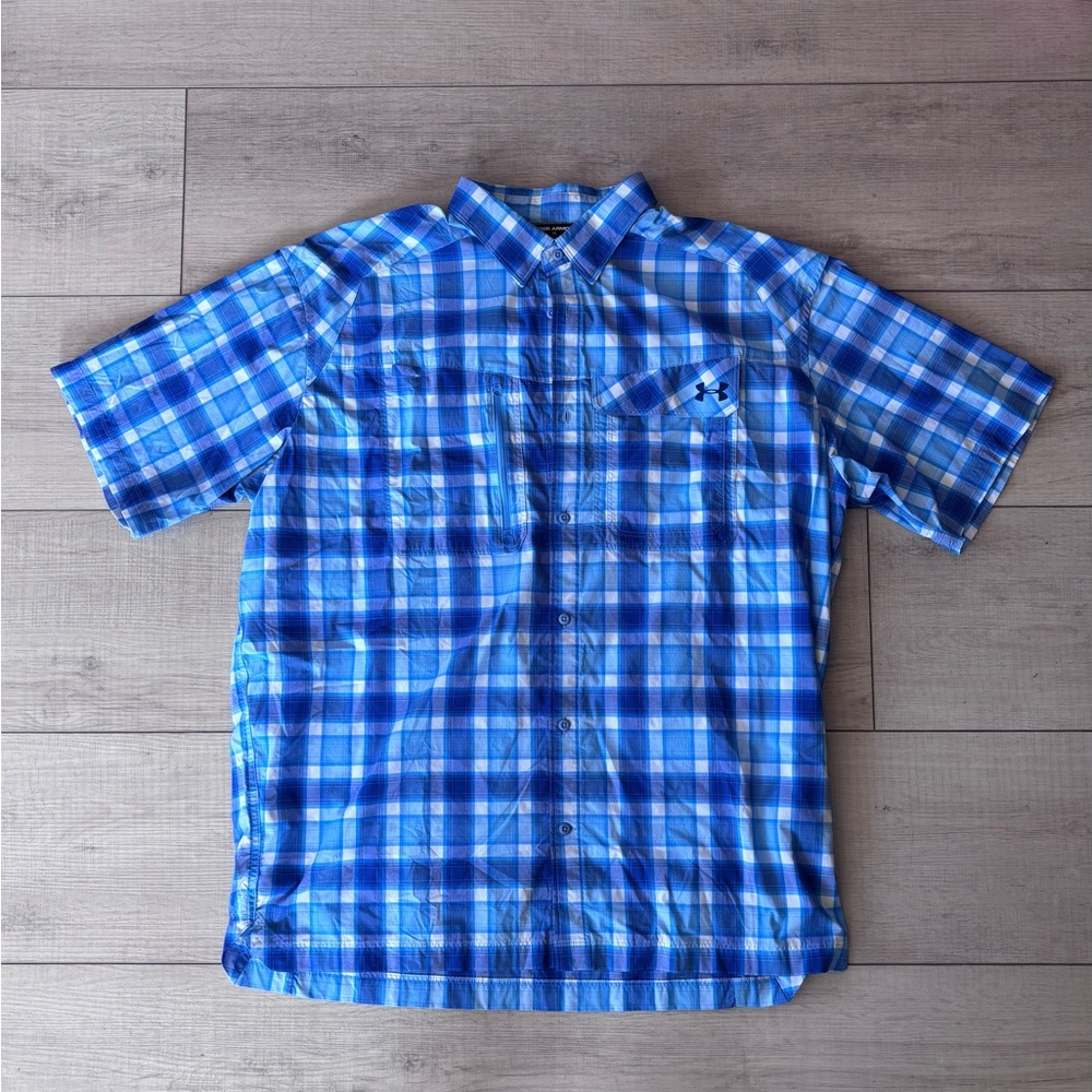 Under Armour Mens Golf Hiking Heat Gear Button Up Plaid Blue Shirt Outdoor | XXL